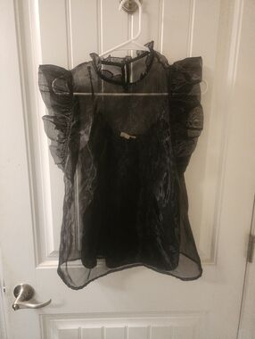 Entro Sheer Black Organza Ruffle Sleeve Blouse Top Size S Statement Top